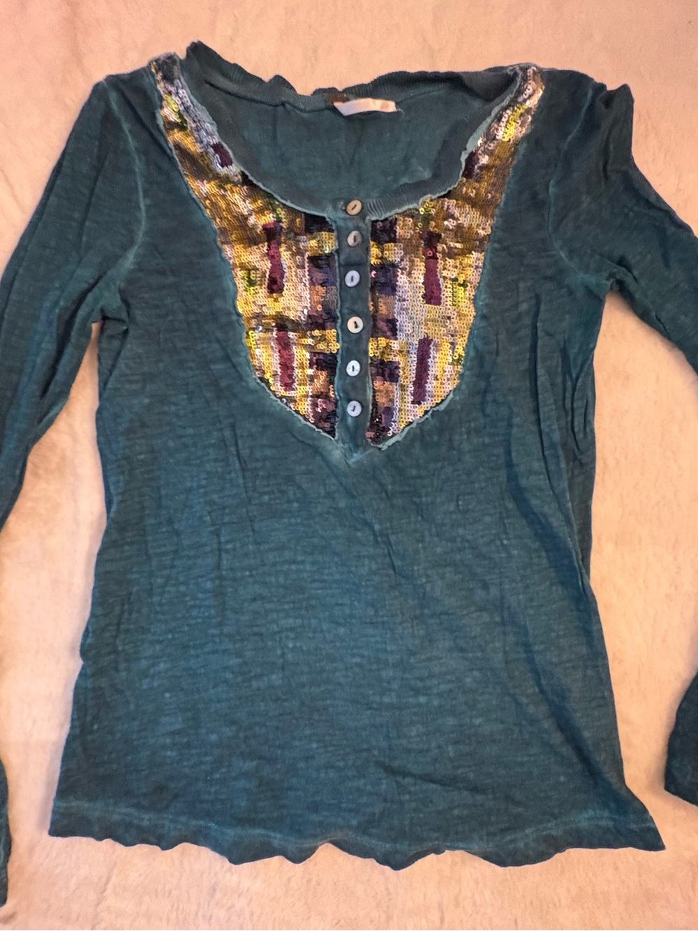 Free People Teal Long-Sleeve Sequin Bib Henley